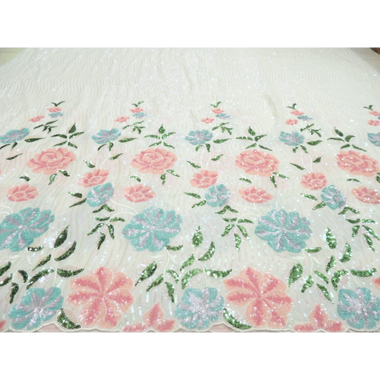 Floral Rainbow Sequins Embroidery On White Dyeable Georgette Fabric With Cut Work Border