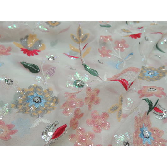 Floral Rainbow Sequins Embroidery On White Dyeable Georgette Fabric With Cut Work Border