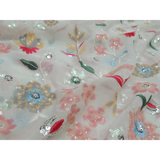 Floral Rainbow Sequins Embroidery On White Dyeable Georgette Fabric With Cut Work Border