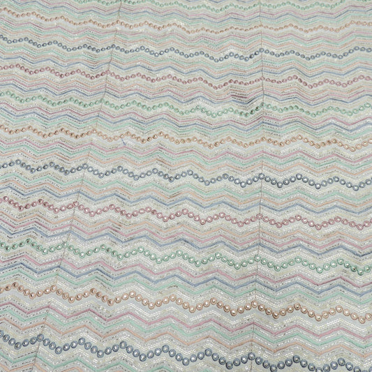 Multi Colour All Over Zig zag Mirror Work Embroidery On White Dyeable Dola Silk Fabric
