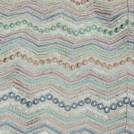 Multi Colour All Over Zig zag Mirror Work Embroidery On White Dyeable Dola Silk Fabric