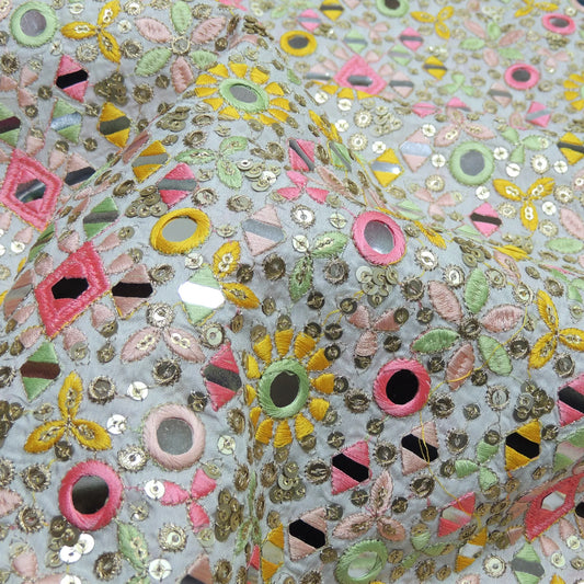 Multi Colour All Over Mirror Work Embroidery On White Dyeable Dola Silk Fabric