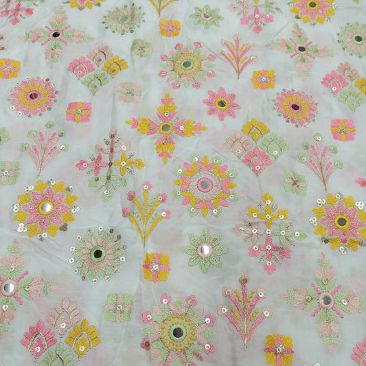 Multi Colour All Over Floral Mirror Work Embroidery On White Dyeable Dola Silk Fabric