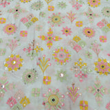 Multi Colour All Over Floral Mirror Work Embroidery On White Dyeable Dola Silk Fabric