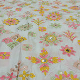 Multi Colour All Over Floral Mirror Work Embroidery On White Dyeable Dola Silk Fabric