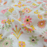 Multi Colour All Over Floral Mirror Work Embroidery On White Dyeable Dola Silk Fabric