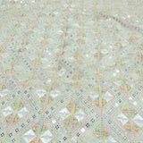 All Over Sequins Thread Work Embroidery On White Dyeable Dola Silk Fabric