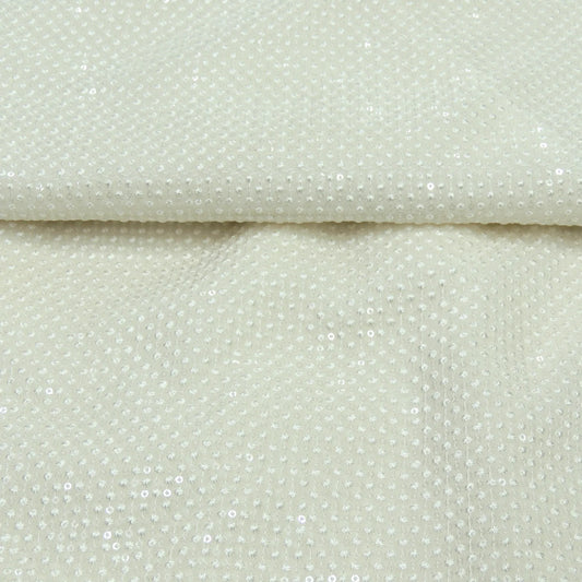 All Over Sequins Thread Work Embroidery On White Dyeable Georgette Fabric