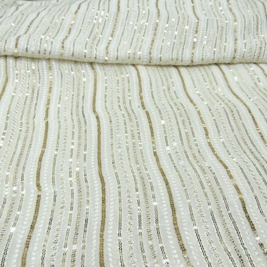 All Over Sequins Work Embroidery On White Dyeable Georgette Fabric