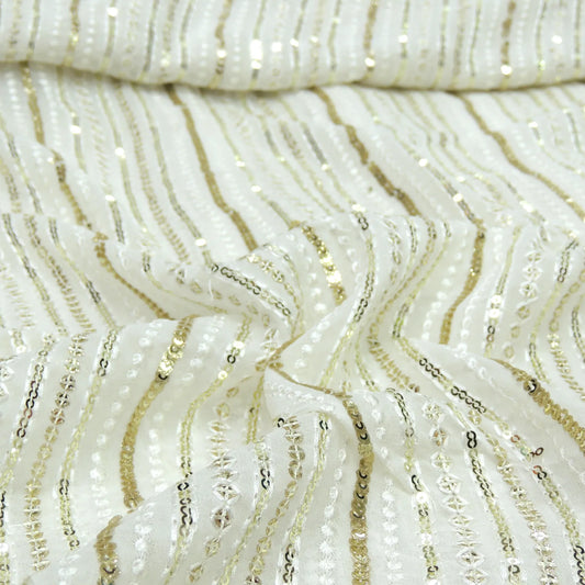 All Over Sequins Work Embroidery On White Dyeable Georgette Fabric