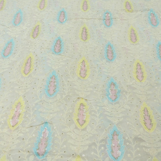 All Over Multi Color Sequins Work Embroidery On White Dyeable Georgette Fabric
