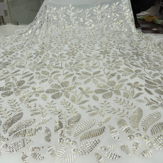 All Over Antique Sequins Work Embroidery On White Dyeable Georgette Fabric