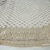 Sequins Work Embroidery On White Dyeable Georgette Fabric With Daman Border