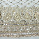 Sequins Work Embroidery On White Dyeable Georgette Fabric With Daman Border