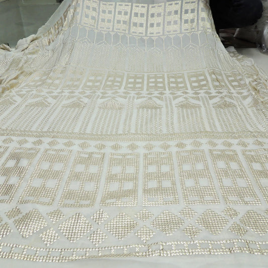 All Over Sequins Work Embroidery On White Dyeable Georgette Fabric