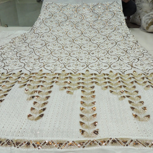Sequins Work Embroidery On White Dyeable Georgette Fabric With Daman Border