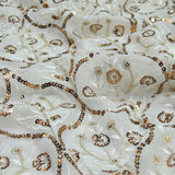 Sequins Work Embroidery On White Dyeable Georgette Fabric With Daman Border