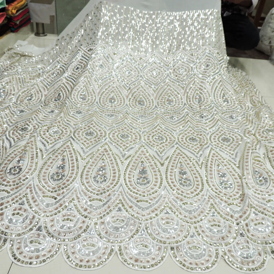 All Over Sequins Cut Work Embroidery On White Dyeable Georgette Fabric