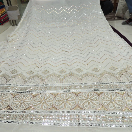 Sequins Zig Zag Work Embroidery On White Dyeable Georgette Fabric With Daman Border