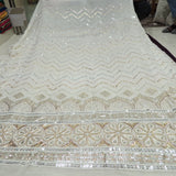 Sequins Zig Zag Work Embroidery On White Dyeable Georgette Fabric With Daman Border