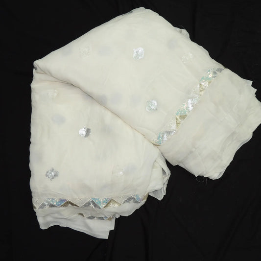 Silver Sequins Thread Work On White Dyeable Georgette Fabric