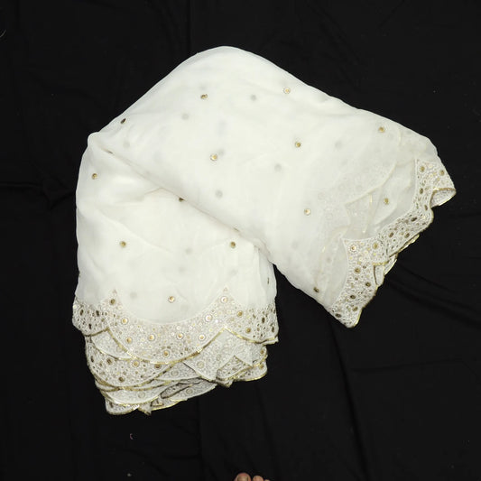 Sequins Thread Work On White Dyeable Georgette Fabric With Cut Work Border