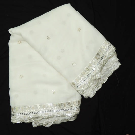 Sequins Work On White Dyeable Georgette Fabric