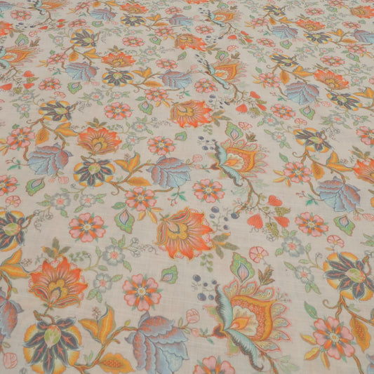 Cream Floral Digital Print On Cotton Linen Fabric