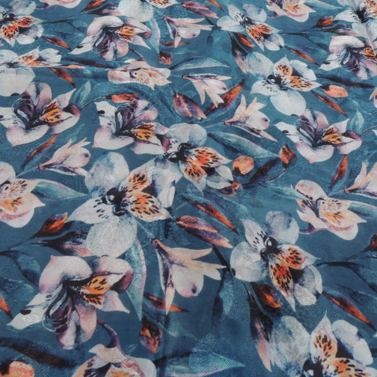 Turquoise Floral Digital Print Jacquard Viscose Crepe Fabric