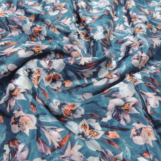 Turquoise Floral Digital Print Jacquard Viscose Crepe Fabric