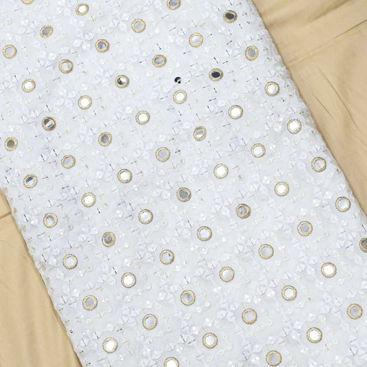 Mirror Work Thread Embroidery On White Dyeable Upada Fabric