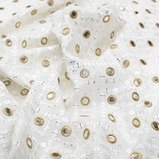 Mirror Work Thread Embroidery On White Dyeable Upada Fabric