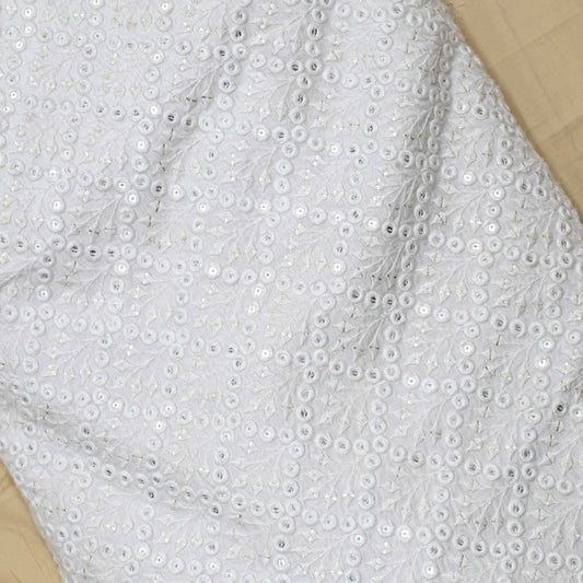 Checks Mirror work with Thread Work Embroidery On White Dyeable Upada Fabric