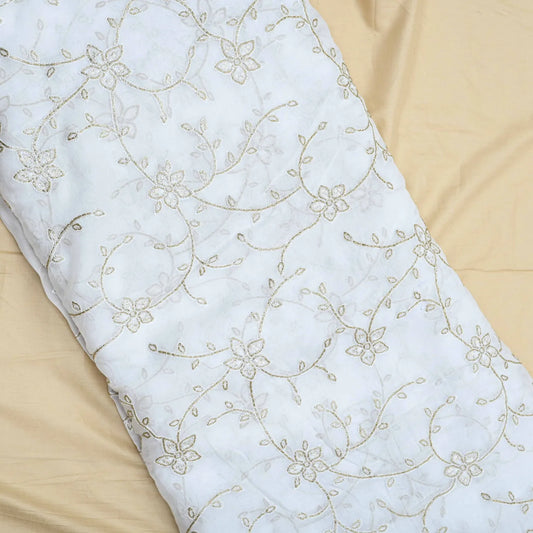 All Over Antique Golden Jaal Work Embroidery On White Dyeable Organza Fabric