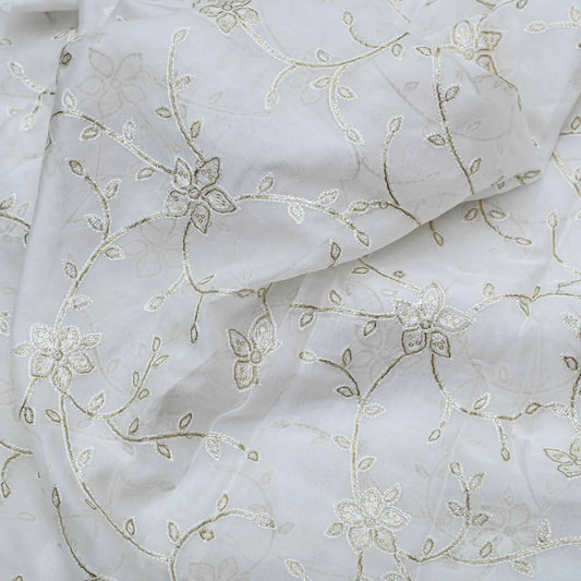 All Over Antique Golden Jaal Work Embroidery On White Dyeable Organza Fabric