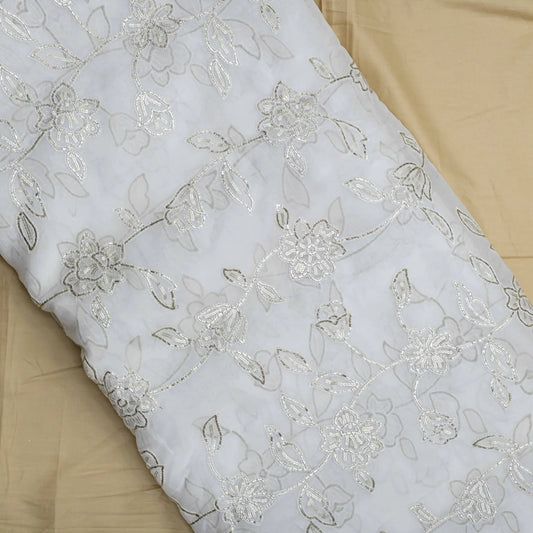 All Over Antique Golden Jaal Work Embroidery On White Dyeable Organza Fabric