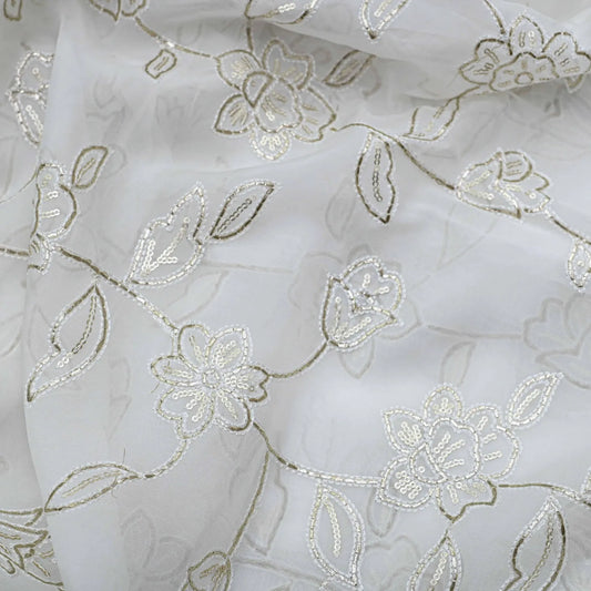 All Over Antique Golden Jaal Work Embroidery On White Dyeable Organza Fabric