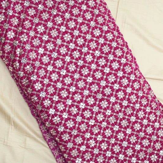 Pink Rani Colour All Over Golden Jaal Embroidery On Velvet Fabric