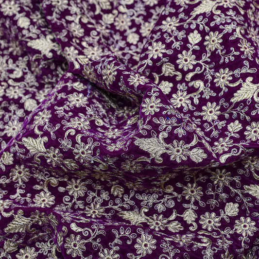 Magenta Colour All Over Golden Jaal Embroidery On Velvet Fabric