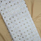 Checks White Thread Work Embroidery With Mirror On White Dyeable Dola Silk Fabric