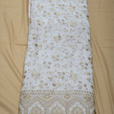 All Over Golden Jaal Work Embroidery With Tikki Border On White Dyeable Russian Silk Fabric
