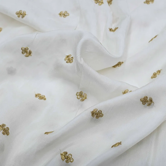 Tikki Work Embroidery On White Dyeable Dola Silk Fabric