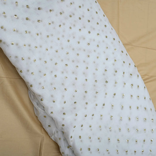 All Over Antique Golden Buti Work Embroidery On White Dyeable Organza Fabric