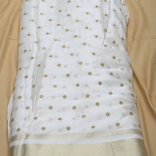 Golden Buti Work Embroidery With Lagdi Pata Border On White Dyeable Gaji Silk Fabric