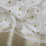 Golden Buti Work Embroidery With Lagdi Pata Border On White Dyeable Gaji Silk Fabric