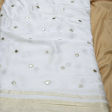 Golden Mirror Work Embroidery With Lagdi Pata Border On White Dyeable Gaji Silk Fabric