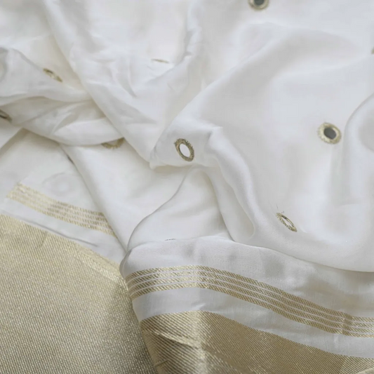 Golden Mirror Work Embroidery With Lagdi Pata Border On White Dyeable Gaji Silk Fabric