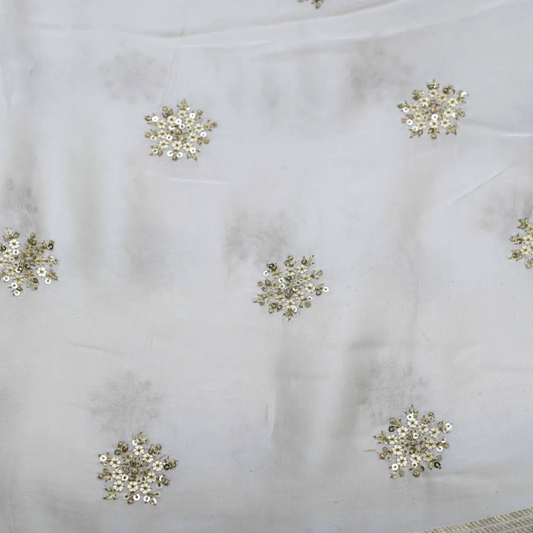 Golden Buti Work Embroidery With Lagdi Pata Border On White Dyeable Gaji Silk Fabric