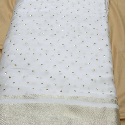 Golden Buti Work Embroidery With Lagdi Pata Border On White Dyeable Gaji Silk Fabric