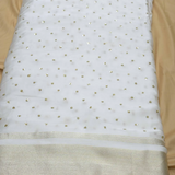 Golden Buti Work Embroidery With Lagdi Pata Border On White Dyeable Gaji Silk Fabric